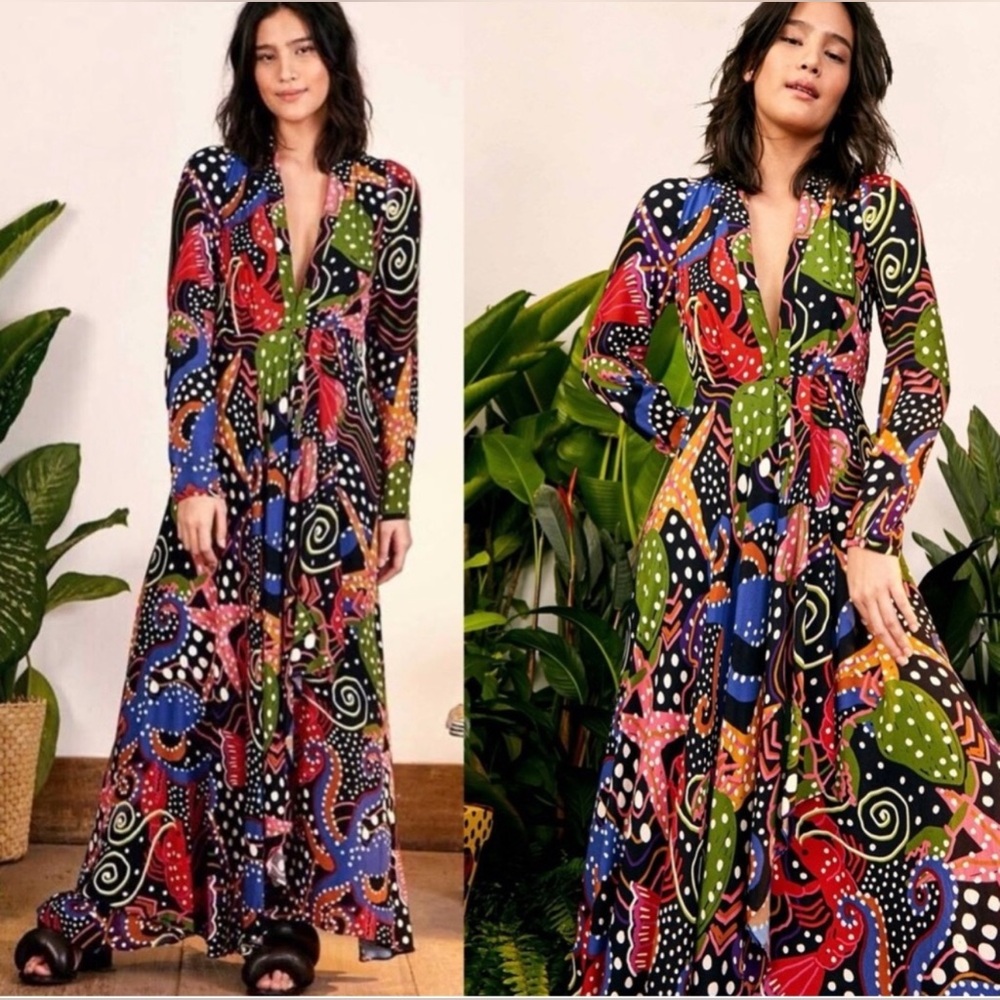 FARM RIO Under The Sea Maxi Plunging V-neck Long Sleeve Dress LARGE